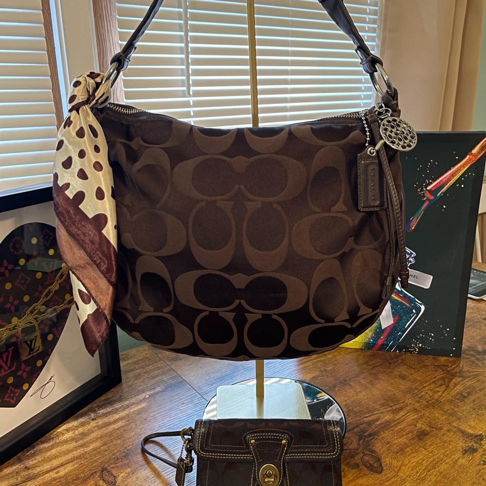 Coach Brown Shoulder Bag with Scarf Accent and legacy coach wristlet.
